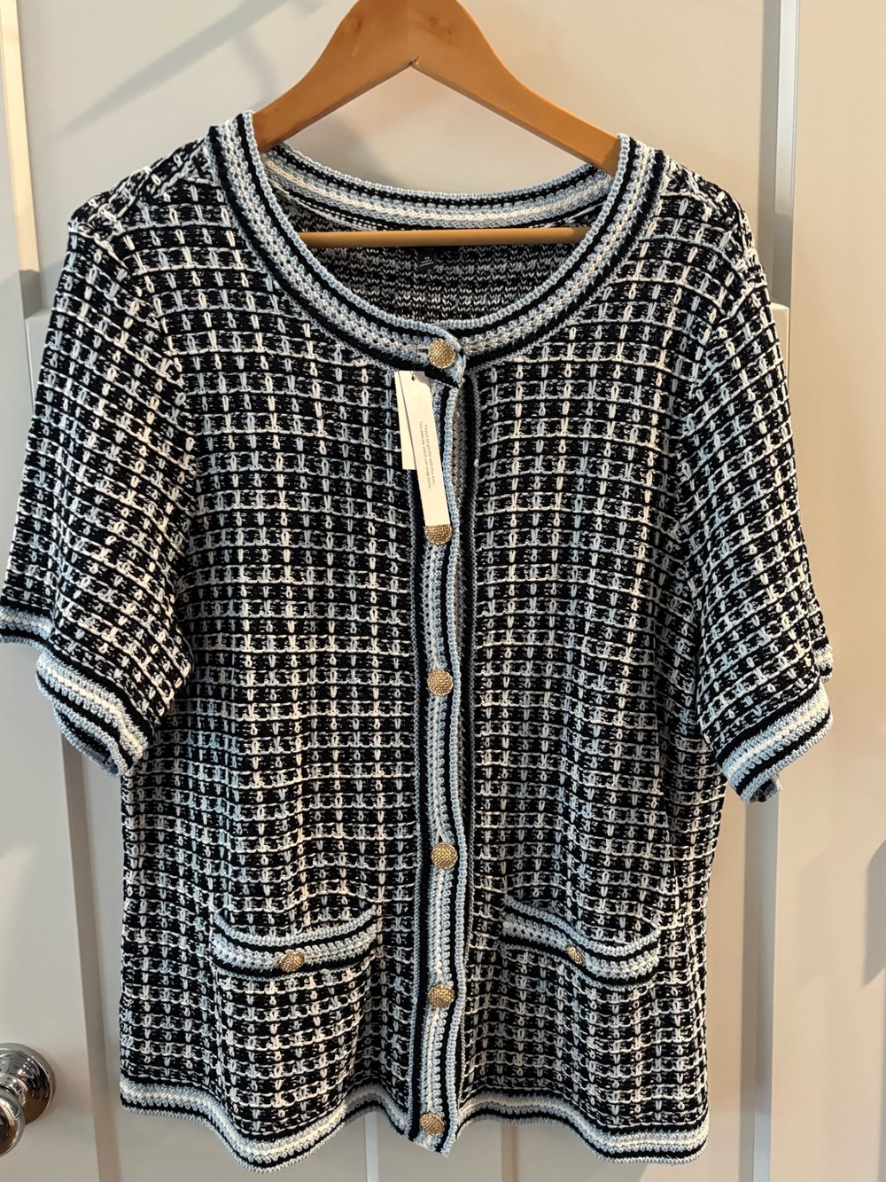 Blue & White Tweed Short-Sleeve Cardigan - Gold Buttons. NWT